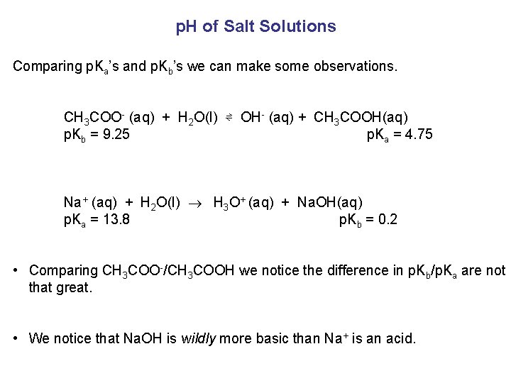 p. H of Salt Solutions Comparing p. Ka’s and p. Kb’s we can make