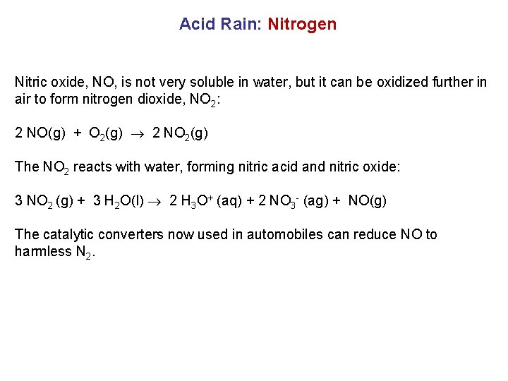 Acid Rain: Nitrogen Nitric oxide, NO, is not very soluble in water, but it