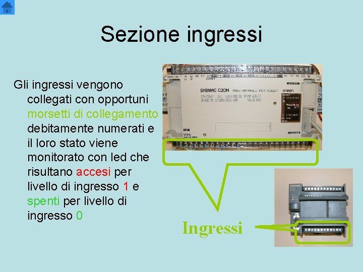 Sezione ingressi Gli ingressi vengono collegati con opportuni morsetti di collegamento debitamente numerati e