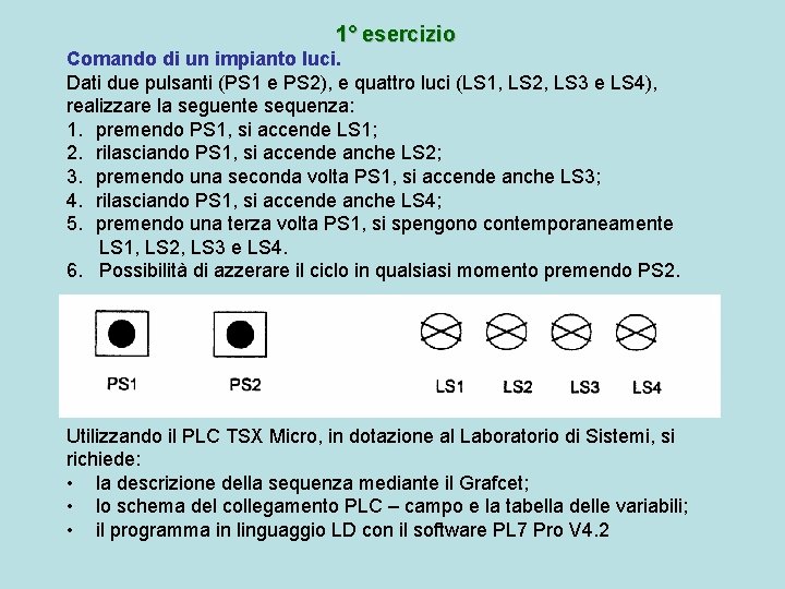 1° esercizio Comando di un impianto luci. Dati due pulsanti (PS 1 e PS