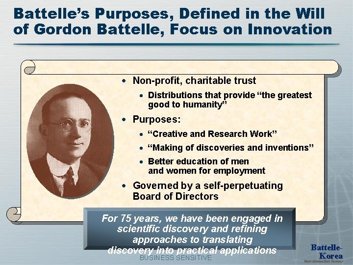 Battelle’s Purposes, Defined in the Will of Gordon Battelle, Focus on Innovation · Non-profit,