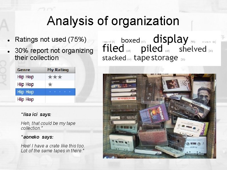 Analysis of organization Ratings not used (75%) 30% report not organizing their collection “lisa