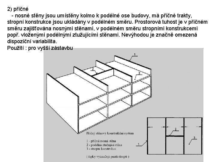 2) příčné - nosné stěny jsou umístěny kolmo k podélné ose budovy, má příčné