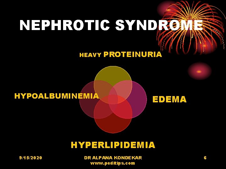 NEPHROTIC SYNDROME HEAVY PROTEINURIA HYPOALBUMINEMIA EDEMA HYPERLIPIDEMIA 9/15/2020 DR ALPANA KONDEKAR www. peditips. com