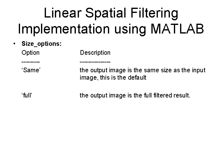 Linear Spatial Filtering Implementation using MATLAB • Size_options: Option ----‘Same’ ‘full’ Description -------the output