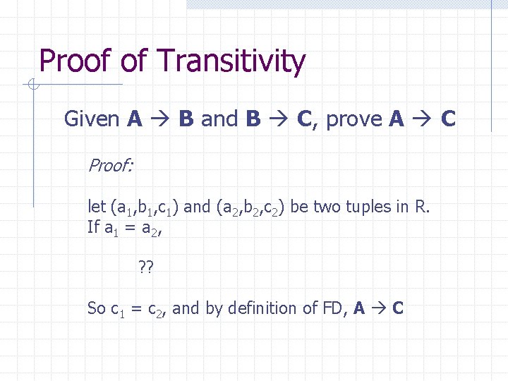 Proof of Transitivity Given A B and B C, prove A C Proof: let