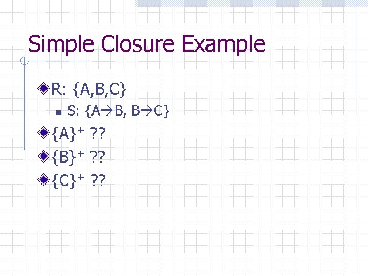 Simple Closure Example R: {A, B, C} n S: {A B, B C} {A}+