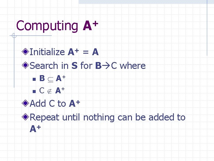 Computing A+ Initialize A+ = A Search in S for B C where n