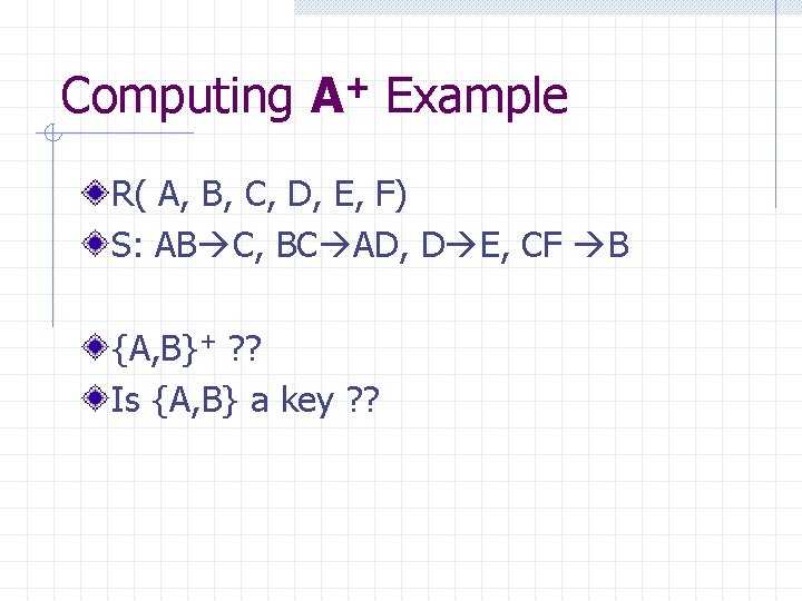 Computing A+ Example R( A, B, C, D, E, F) S: AB C, BC