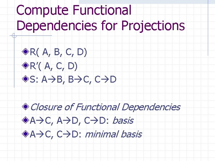 Compute Functional Dependencies for Projections R( A, B, C, D) R’( A, C, D)