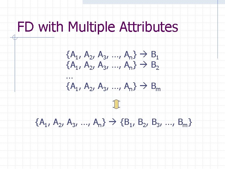 FD with Multiple Attributes {A 1, A 2, A 3, …, An} B 1