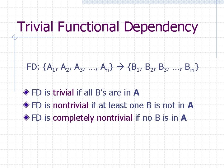 Trivial Functional Dependency FD: {A 1, A 2, A 3, …, An} {B 1,