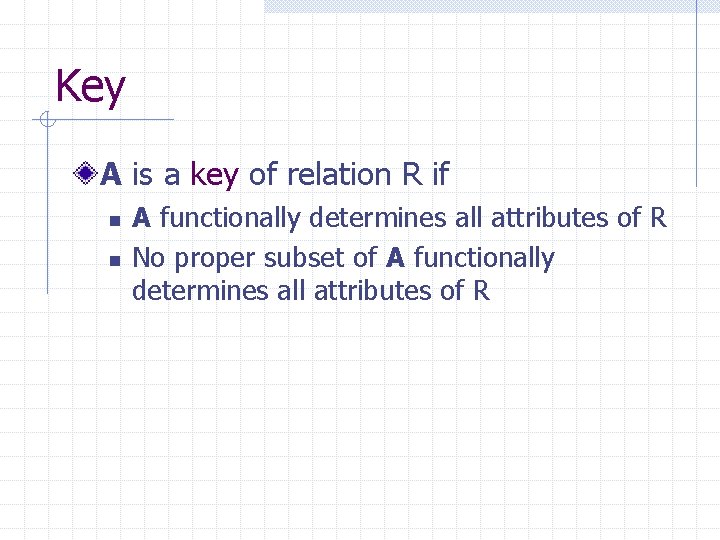 Key A is a key of relation R if n n A functionally determines