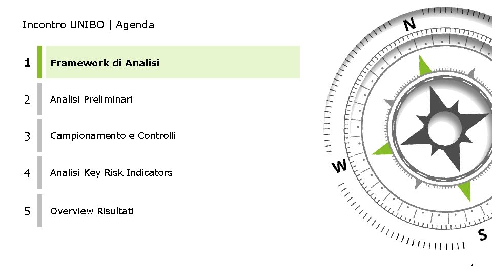 Incontro UNIBO | Agenda 1 Framework di Analisi 2 Analisi Preliminari 3 Campionamento e