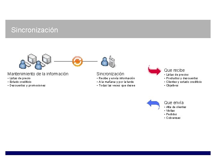 Sincronización Mantenimiento de la información Sincronización • Listas de precio • Estado crediticio •