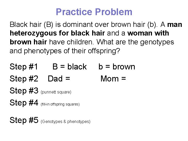 Practice Problem Black hair (B) is dominant over brown hair (b). A man heterozygous