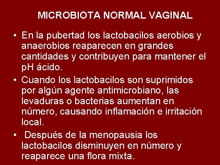 MICROBIOTA NORMAL VAGINAL • En la pubertad los lactobacilos aerobios y anaerobios reaparecen en