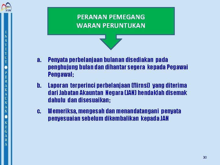 PERANAN PEMEGANG WARAN PERUNTUKAN a. Penyata perbelanjaan bulanan disediakan pada penghujung bulan dihantar segera