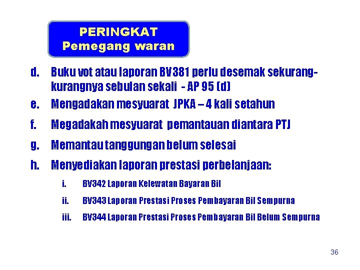PERINGKAT Pemegang waran d. Buku vot atau laporan BV 381 perlu desemak sekurangnya sebulan