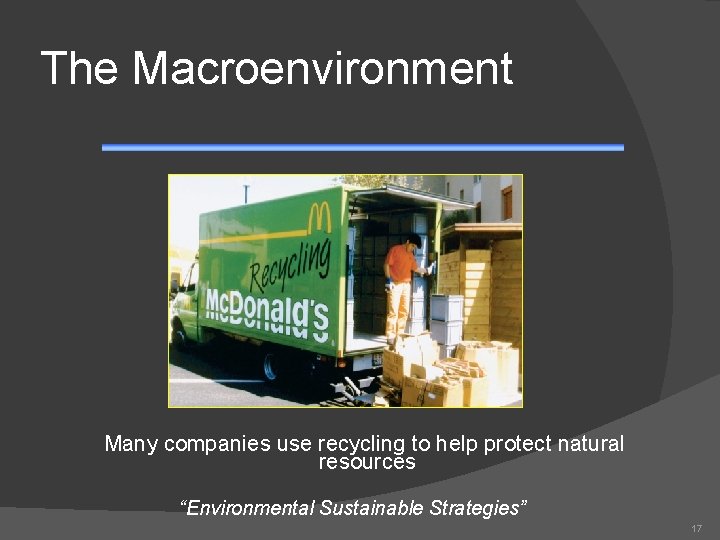 The Macroenvironment Many companies use recycling to help protect natural resources “Environmental Sustainable Strategies”