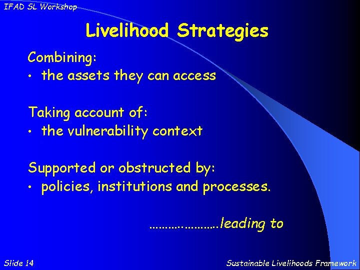 IFAD SL Workshop Livelihood Strategies Combining: • the assets they can access Taking account