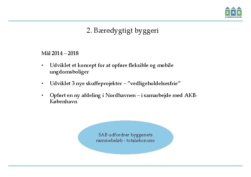 2. Bæredygtigt byggeri Mål 2014 – 2018 • Udviklet et koncept for at opføre