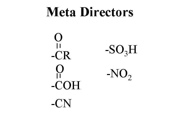 Meta Directors O -CR O -COH -CN -SO 3 H -NO 2 