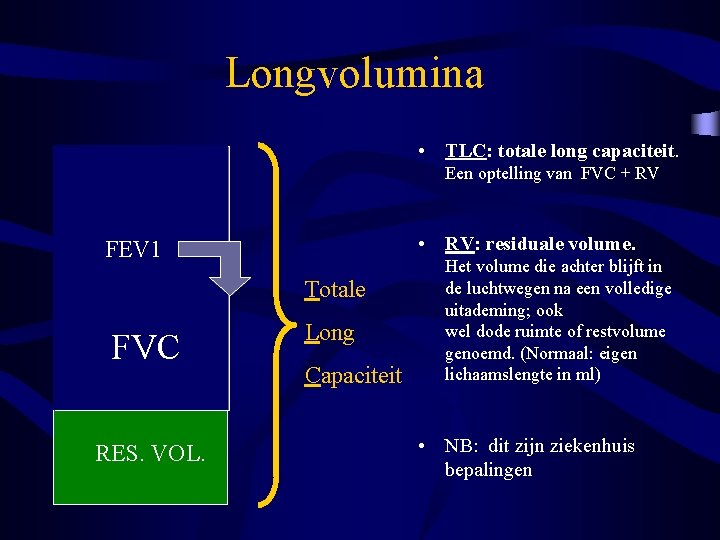 Longvolumina • TLC: totale long capaciteit. Een optelling van FVC + RV • RV: