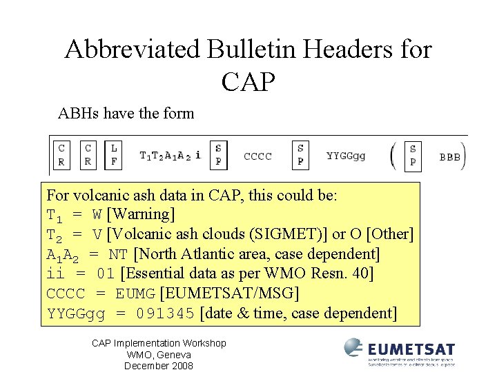 Abbreviated Bulletin Headers for CAP ABHs have the form For volcanic ash data in