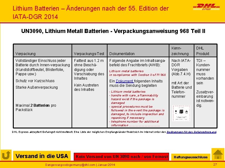 Lithium Batterien – Änderungen nach der 55. Edition der IATA-DGR 2014 UN 3090, Lithium