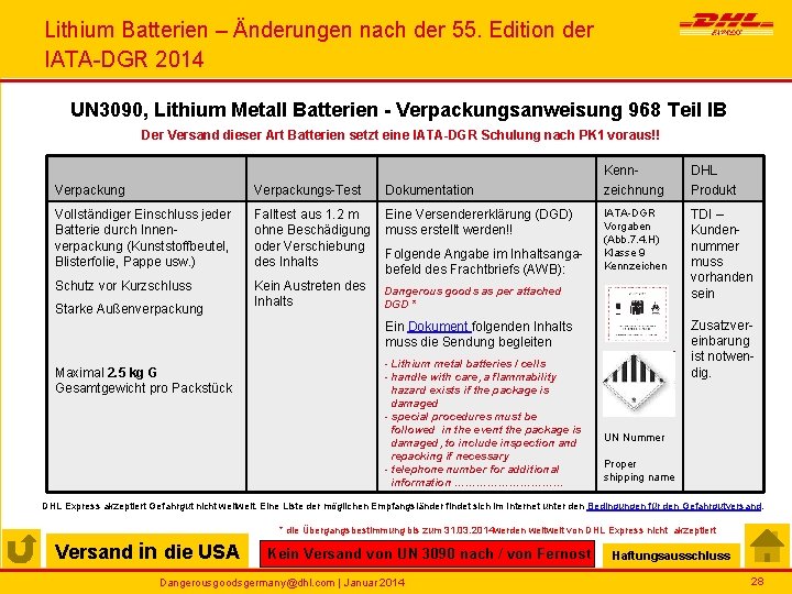 Lithium Batterien – Änderungen nach der 55. Edition der IATA-DGR 2014 UN 3090, Lithium