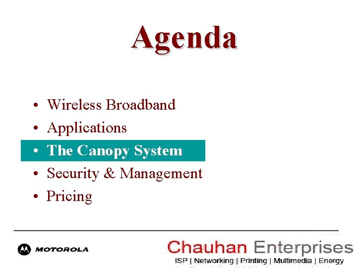 Agenda • • • Wireless Broadband Applications The Canopy System Security & Management Pricing