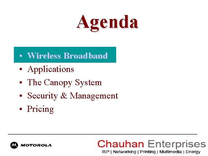 Agenda • • • Wireless Broadband Applications The Canopy System Security & Management Pricing