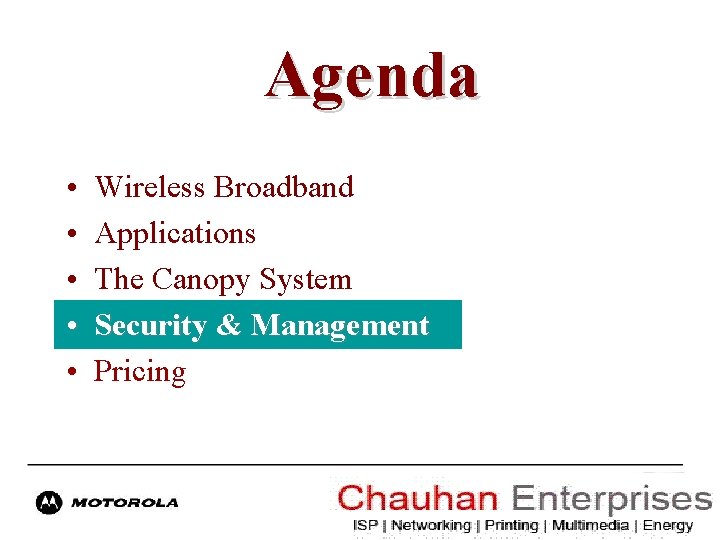 Agenda • • • Wireless Broadband Applications The Canopy System Security & Management Pricing