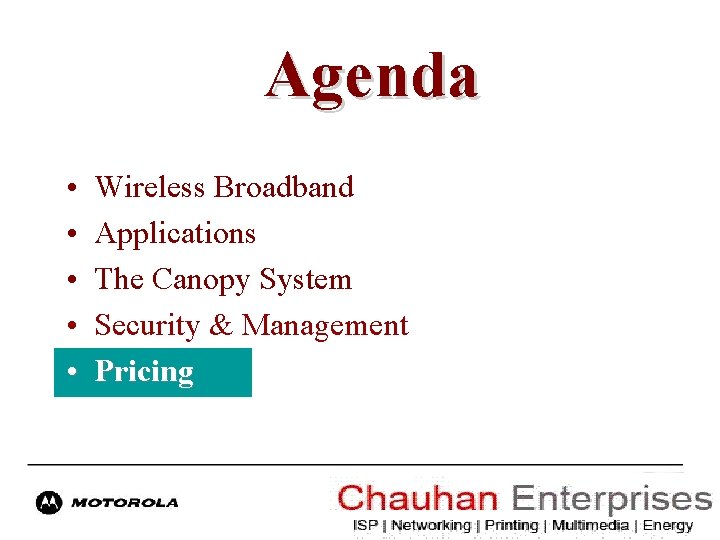 Agenda • • • Wireless Broadband Applications The Canopy System Security & Management Pricing