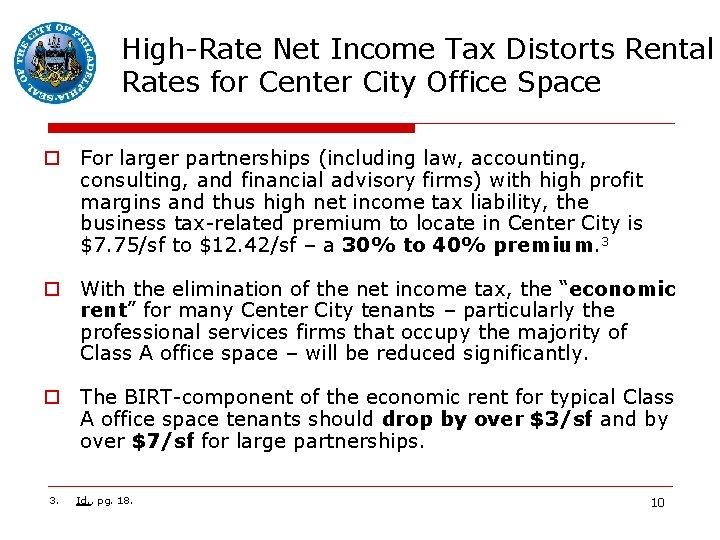 High-Rate Net Income Tax Distorts Rental Rates for Center City Office Space o For