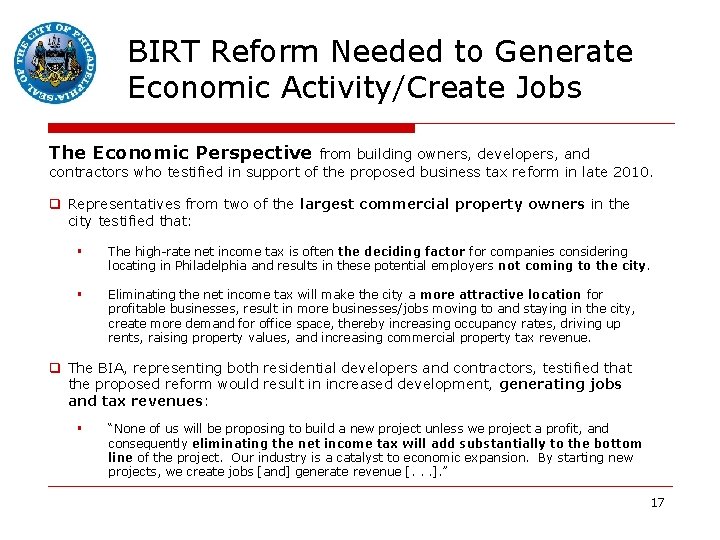 BIRT Reform Needed to Generate Economic Activity/Create Jobs The Economic Perspective from building owners,