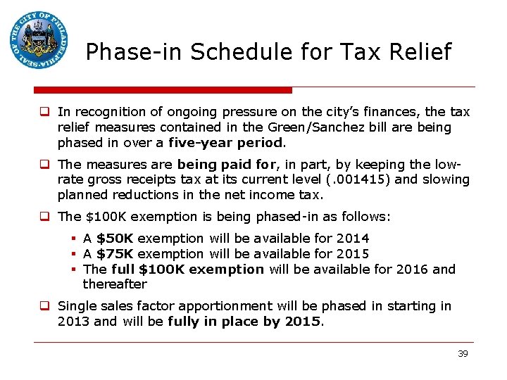 Phase-in Schedule for Tax Relief q In recognition of ongoing pressure on the city’s