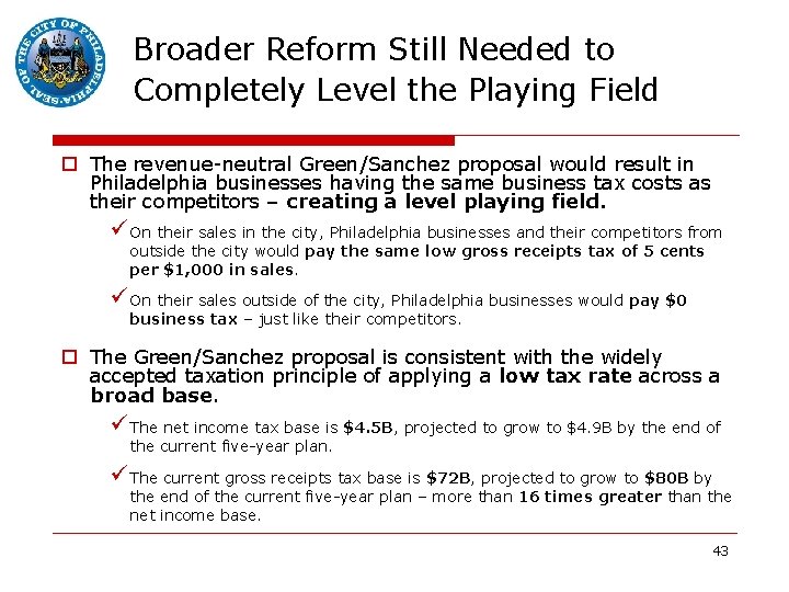 Broader Reform Still Needed to Completely Level the Playing Field o The revenue-neutral Green/Sanchez