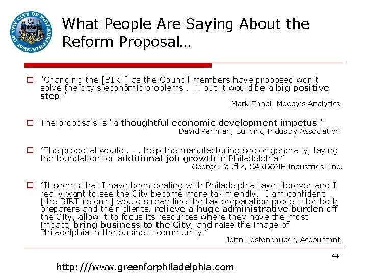 What People Are Saying About the Reform Proposal… o “Changing the [BIRT] as the