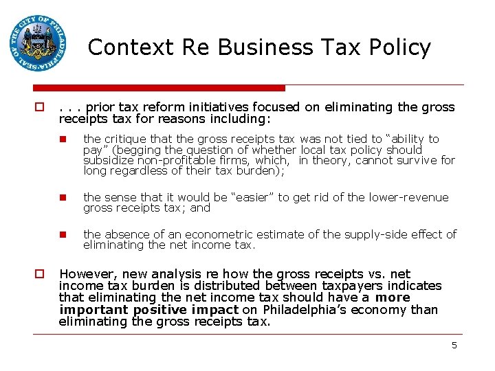  Context Re Business Tax Policy o . . . prior tax reform initiatives