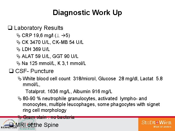 Diagnostic Work Up q Laboratory Results Ä CRP 19, 6 mg/l ( 5) Ä