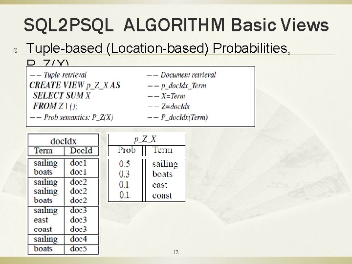 SQL 2 PSQL ALGORITHM Basic Views ß Tuple-based (Location-based) Probabilities, P_Z(X) 12 