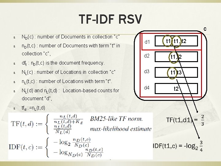 TF-IDF RSV ß ß ND(c) : number of Documents in collection “c” n. D(t,