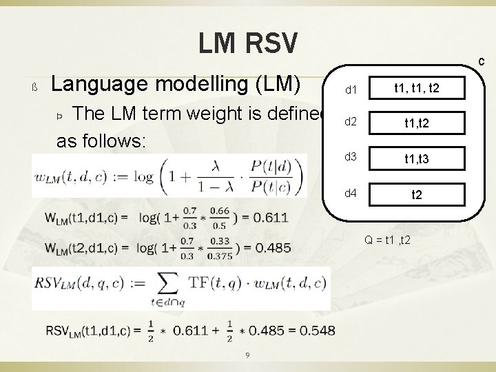 LM RSV ß Language modelling (LM) The LM term weight is defined as follows: