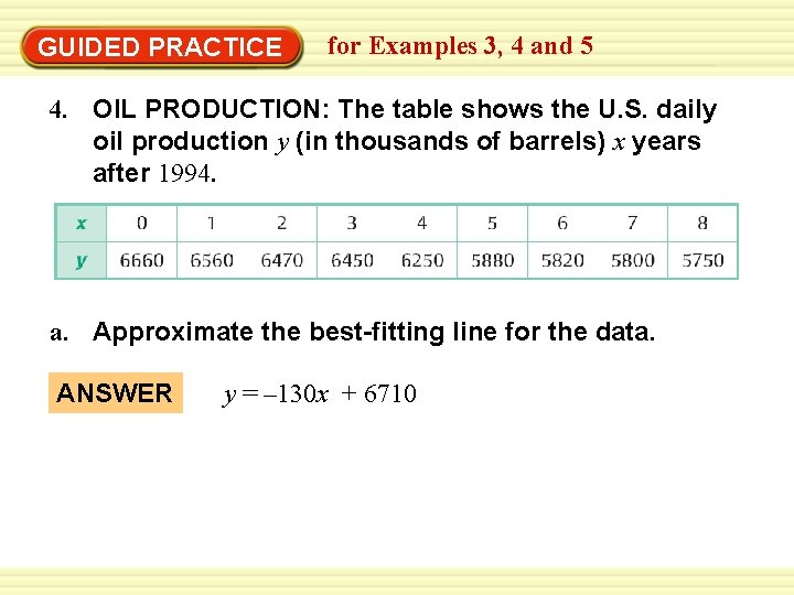 GUIDED PRACTICE for Examples 3, 4 and 5 4. OIL PRODUCTION: The table shows