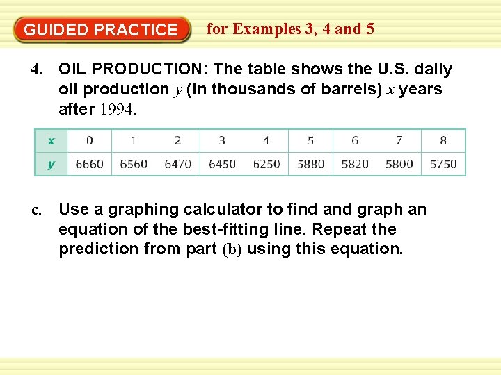 GUIDED PRACTICE for Examples 3, 4 and 5 4. OIL PRODUCTION: The table shows