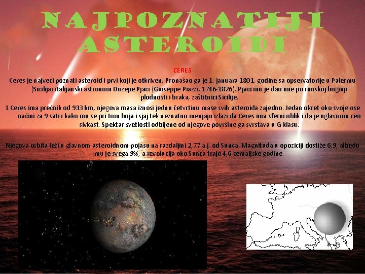NAJPOZNATIJI ASTEROIDI CERES Ceres je najveći poznati asteroid i prvi koji je otkriven. Pronašao