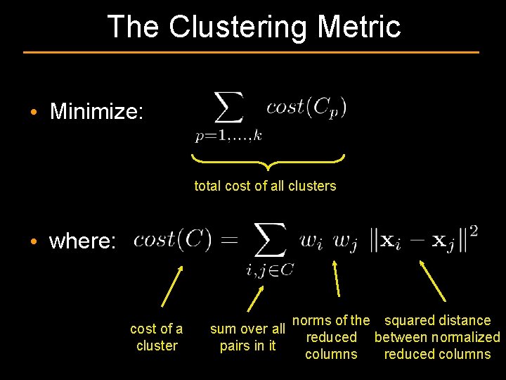 The Clustering Metric • Minimize: total cost of all clusters • where: cost of