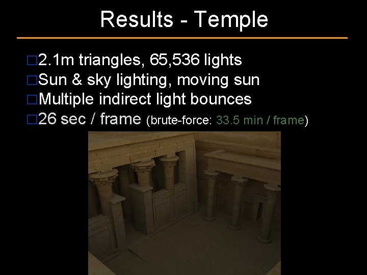 Results - Temple � 2. 1 m triangles, 65, 536 lights �Sun & sky
